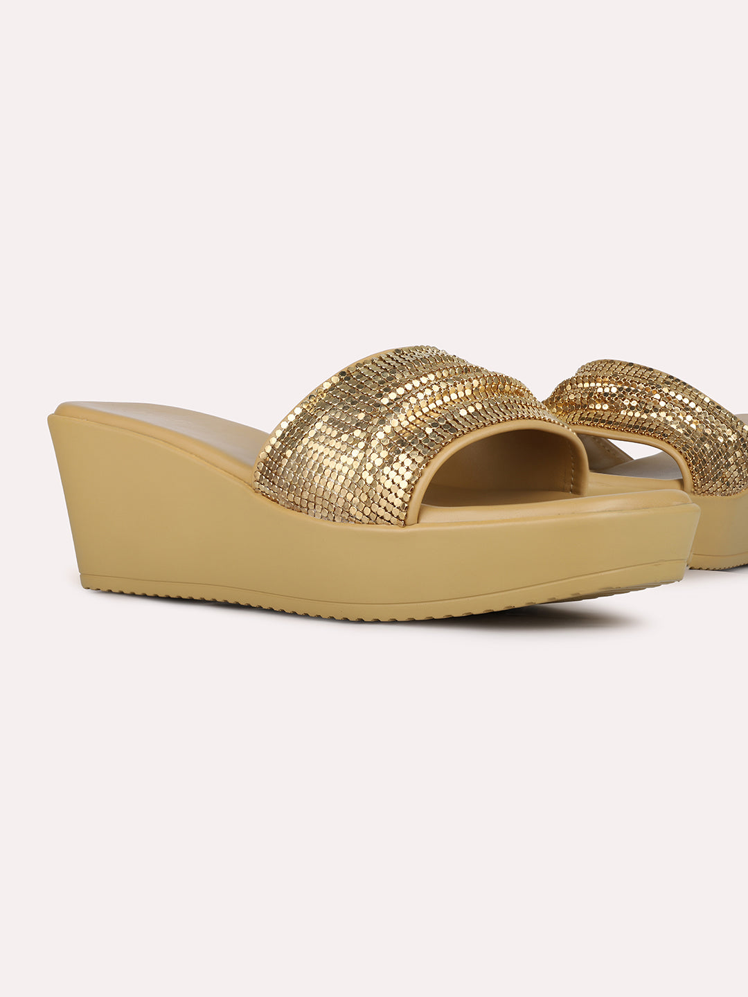 Women Rose Gold Party Wear Embellished Round Toe Wedge Heel Sandals