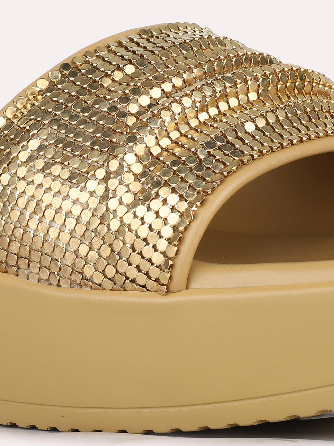 Women Rose Gold Party Wear Embellished Round Toe Wedge Heel Sandals