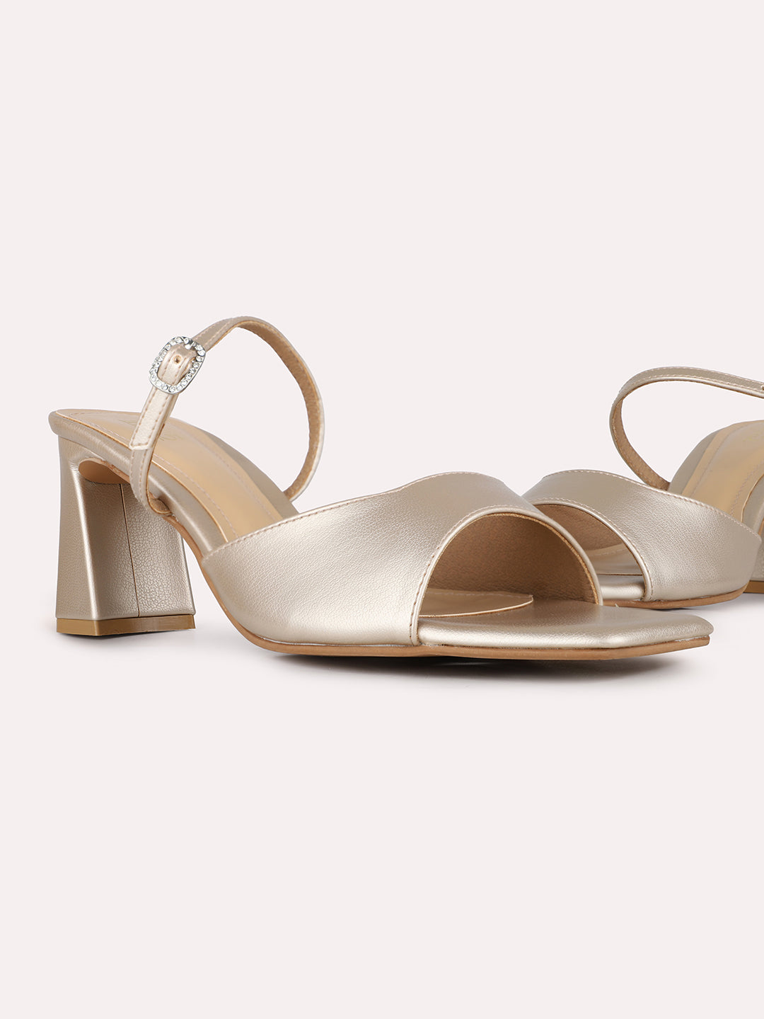 Women Golden Party Wear Solid Round Toe Block Heel Sandals