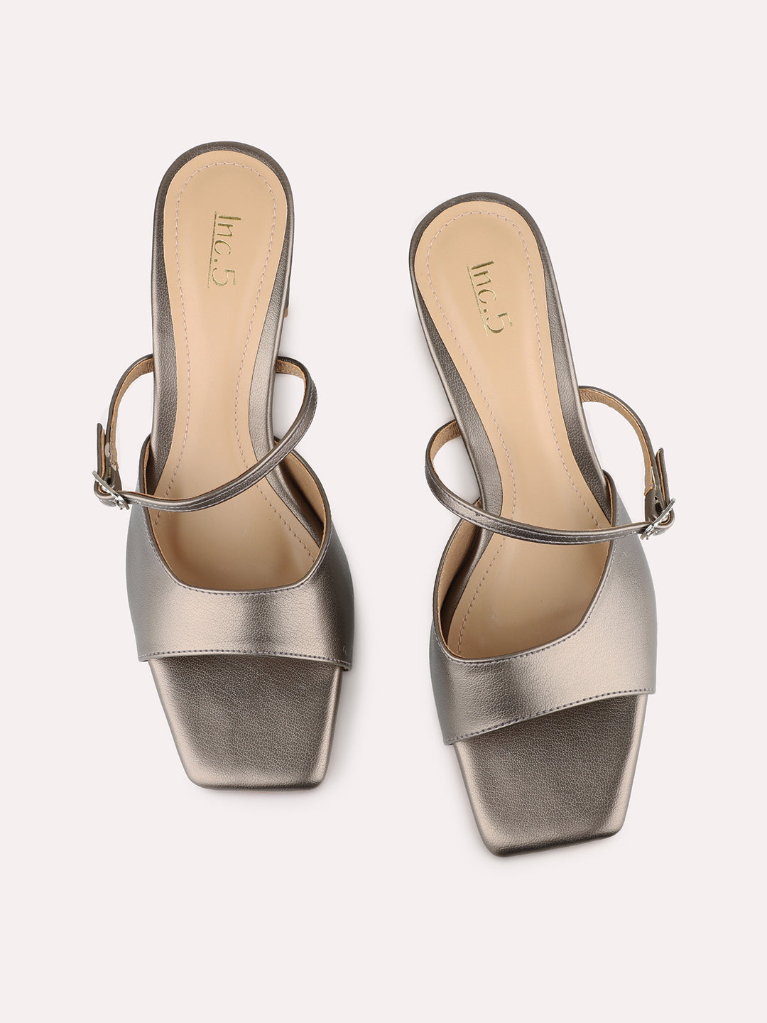 Women Pewter Party Wear Solid Square Toe Block Heel Sandals