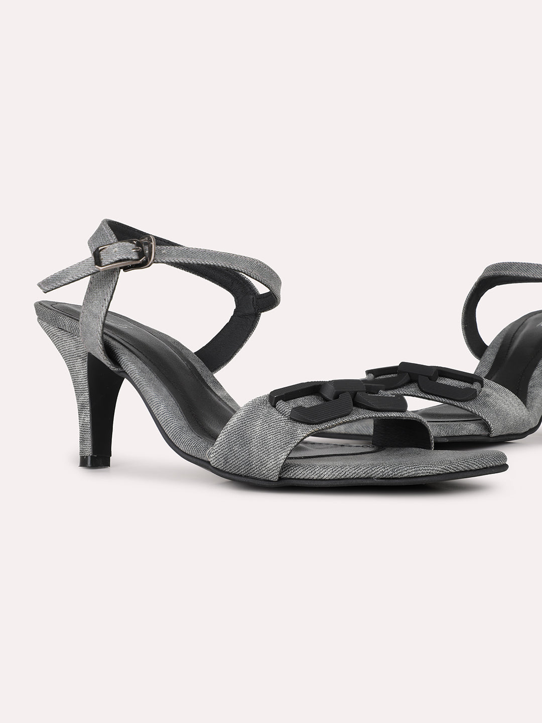 Womens Black Party Wear Solid Square Toe Kitten Heel Sandals