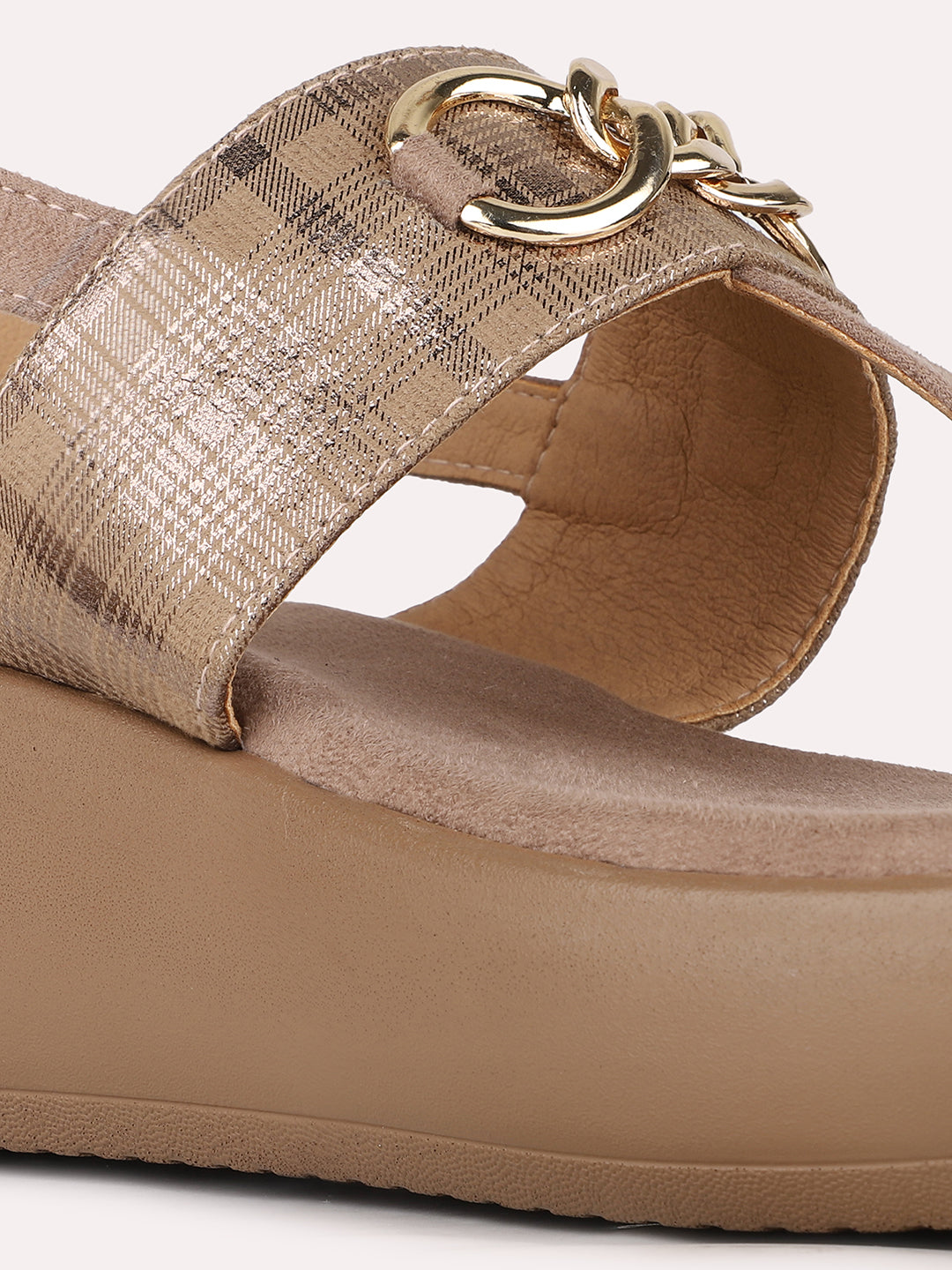 Women Beige Party Wear Solid Round Toe Wedge Heel Sandals