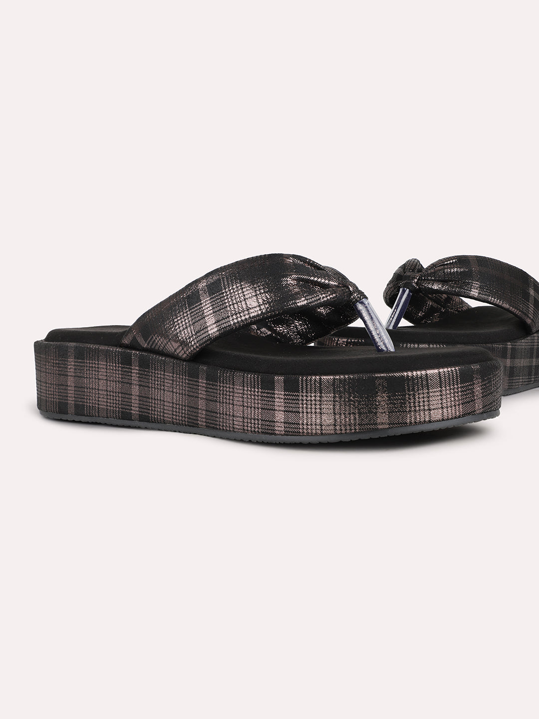 Women Black Party Wear Printed Round Toe Flatform Heel Sandals