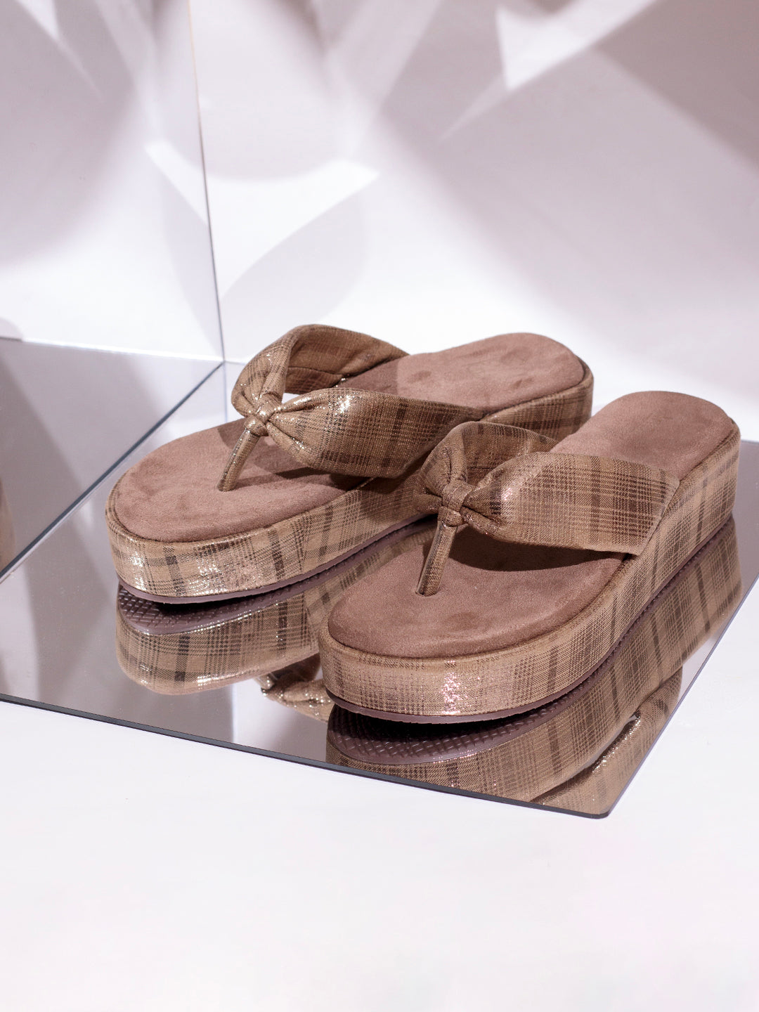 Womens Brown Party Wear Checkered Round Toe Wedge Heel Sandals