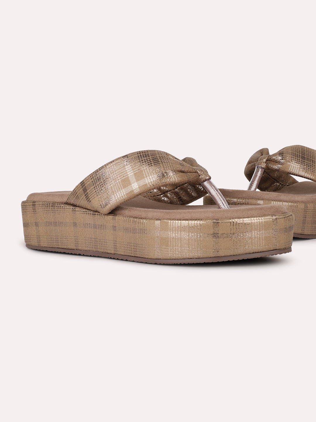 Womens Brown Party Wear Checkered Round Toe Wedge Heel Sandals