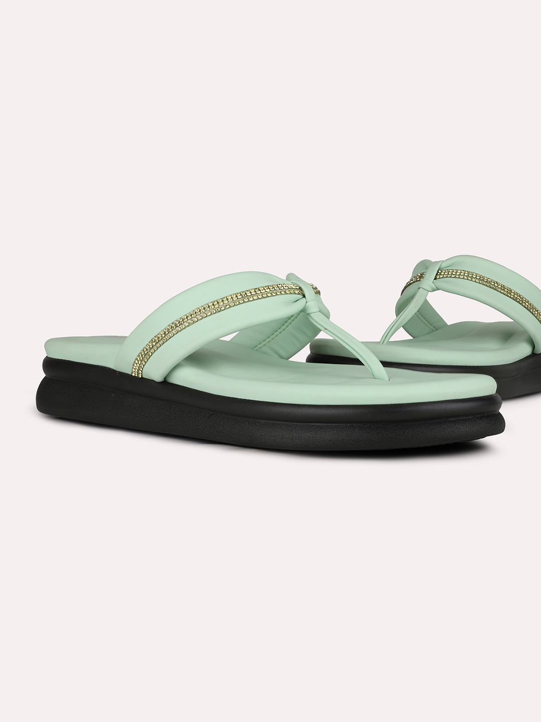 Women Green Casual Embellished T-Strap Slip-On Flat Sandals