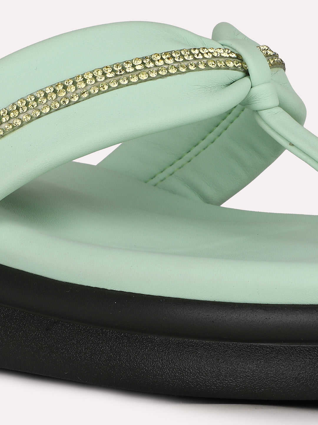 Women Green Casual Embellished T-Strap Slip-On Flat Sandals