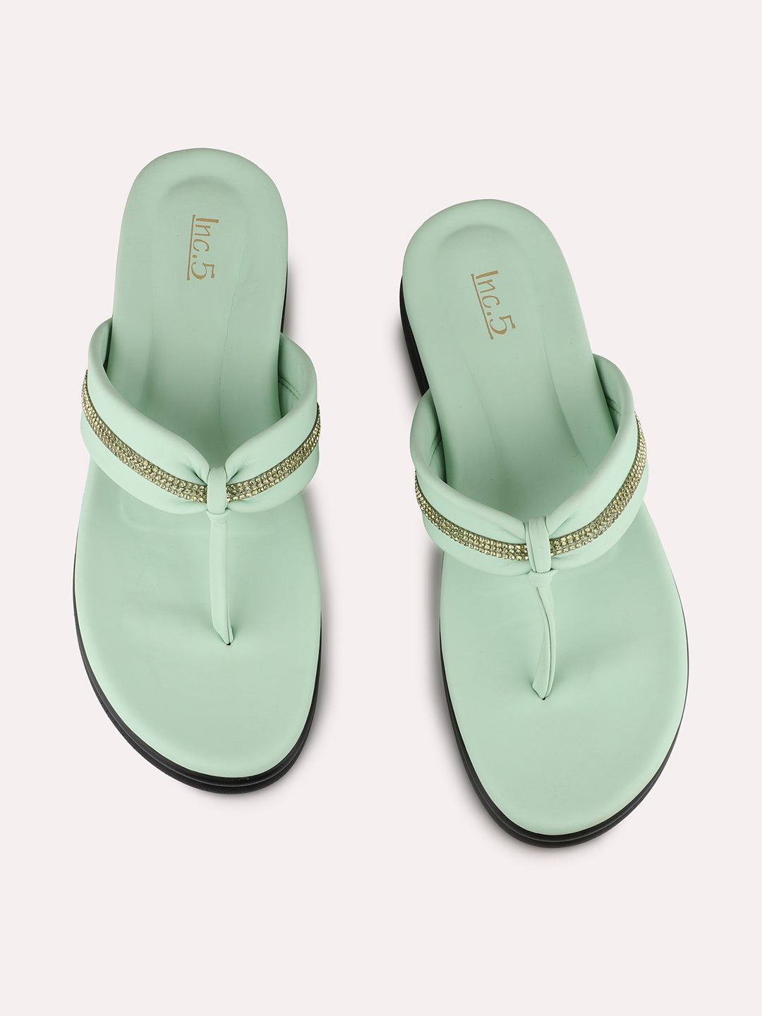 Women Green Casual Embellished T-Strap Slip-On Flat Sandals