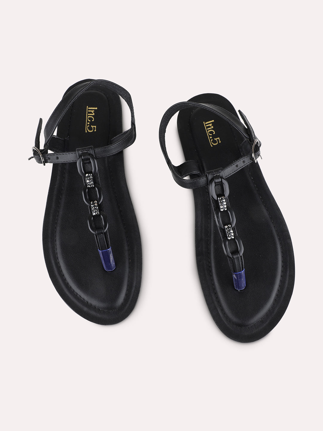 Womens Black Party Wear Solid T-Strap Flat Sandals