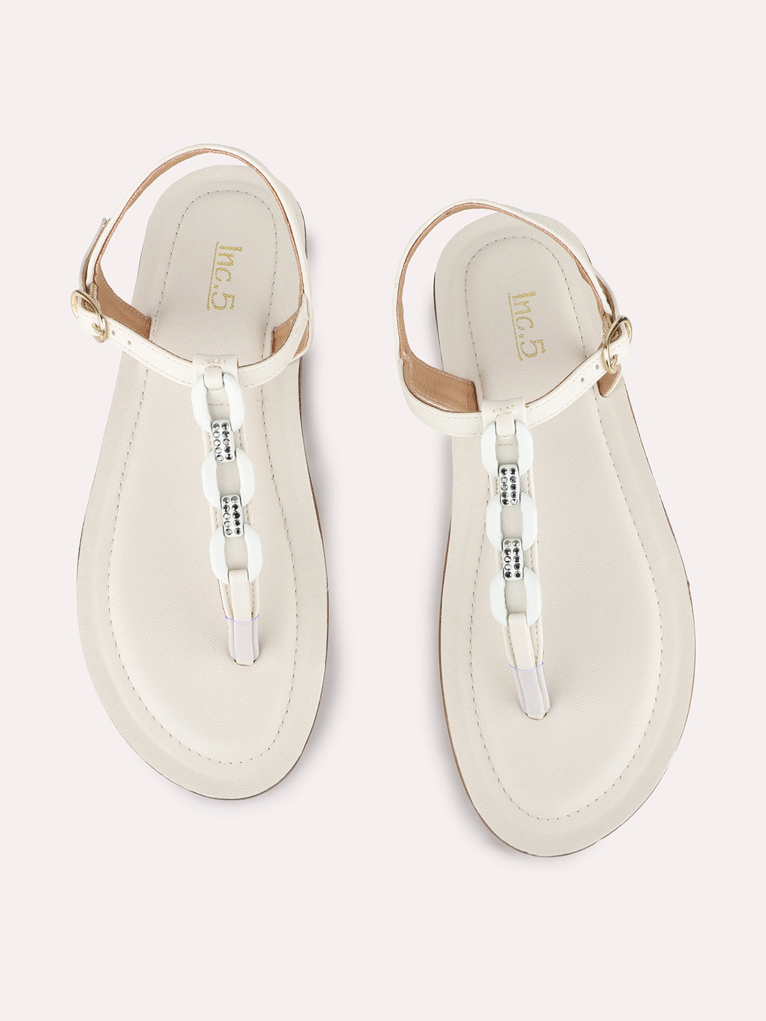 Women Cream Party Wear Solid T-Strap Flat Sandals