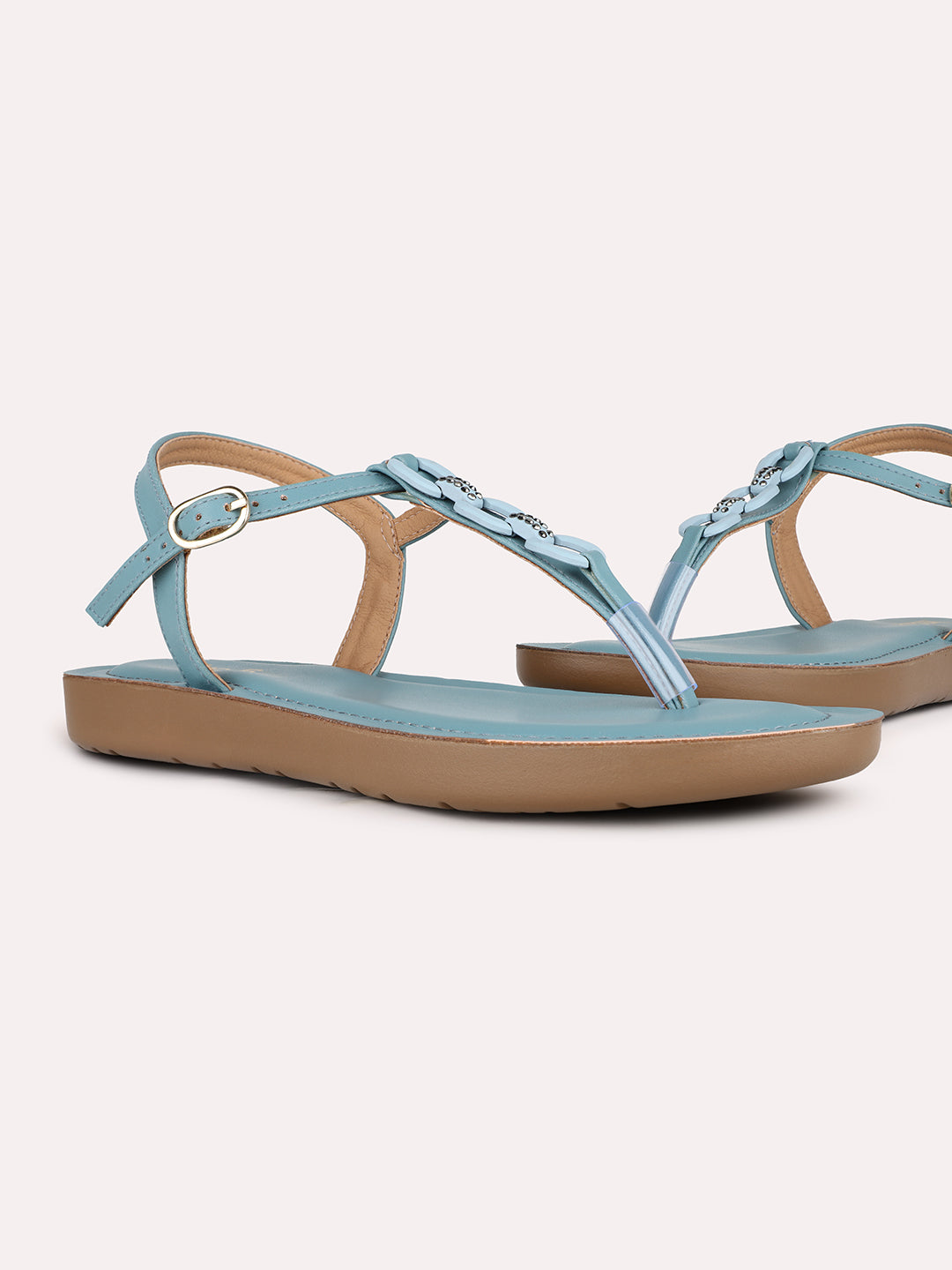 Women Navy Party Wear Solid T-Strap Flat Sandals