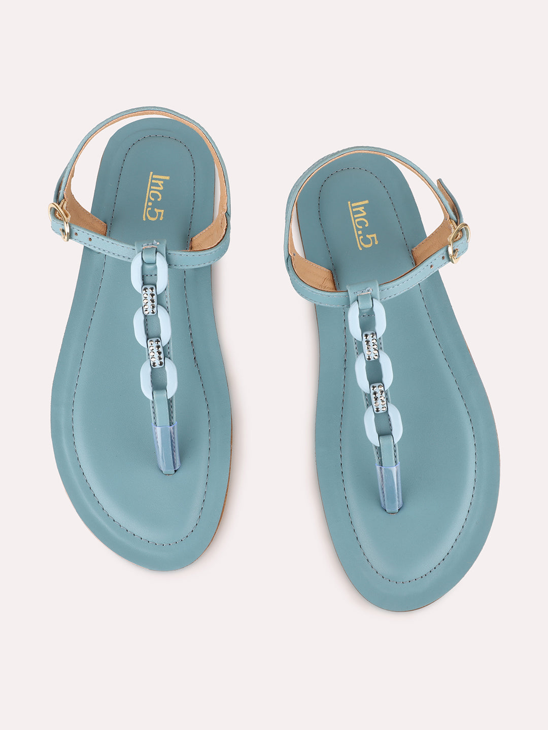 Women Navy Party Wear Solid T-Strap Flat Sandals