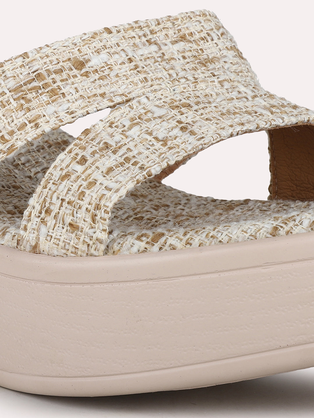 Womens Beige Party Wear Printed Round Toe Platform Heel Sandals