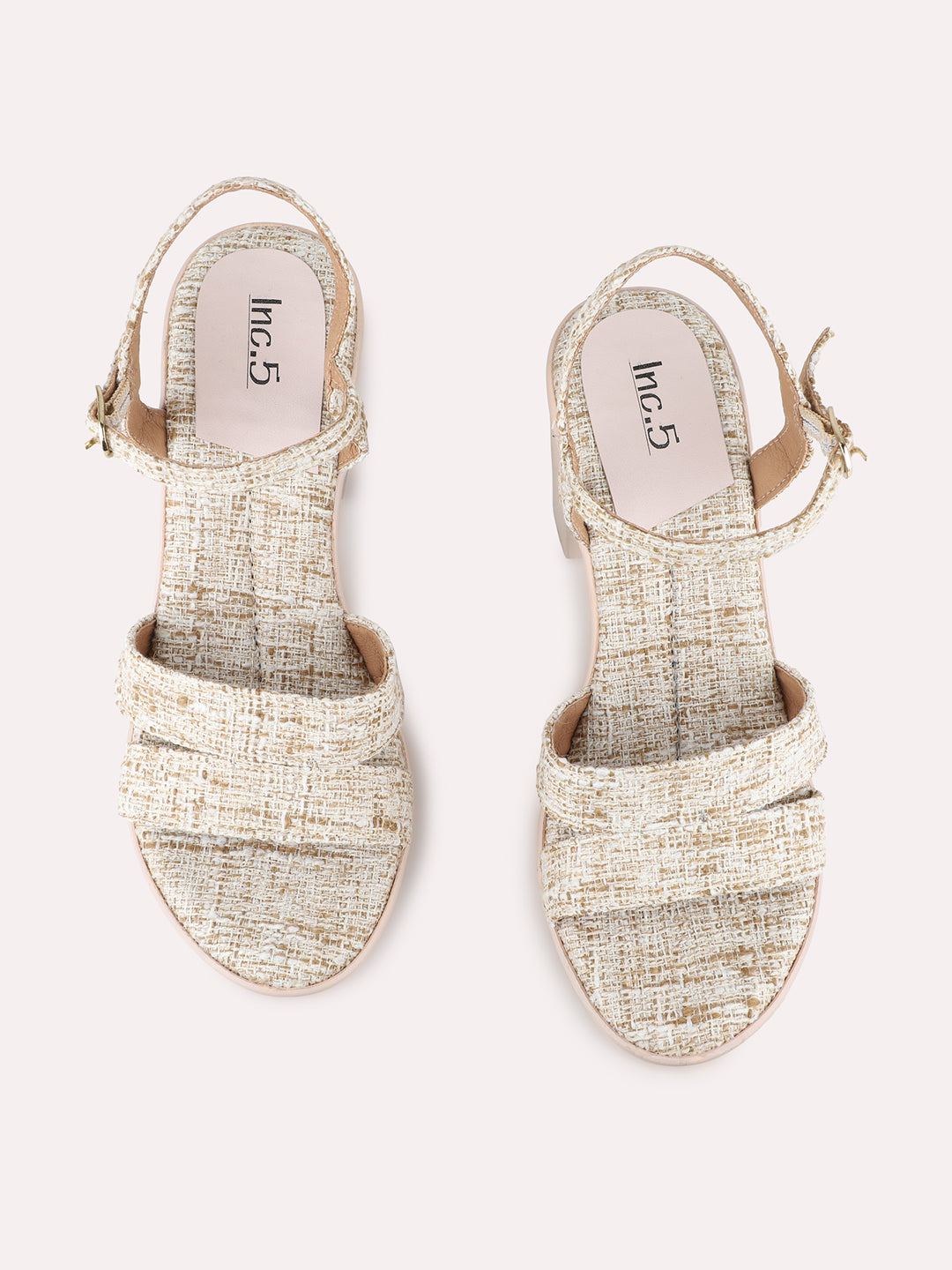 Womens Beige Party Wear Printed Round Toe Platform Heel Sandals