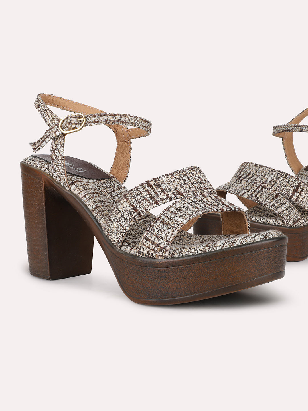 Womens Brown Party Wear Printed Round Toe Platform Heel Sandals