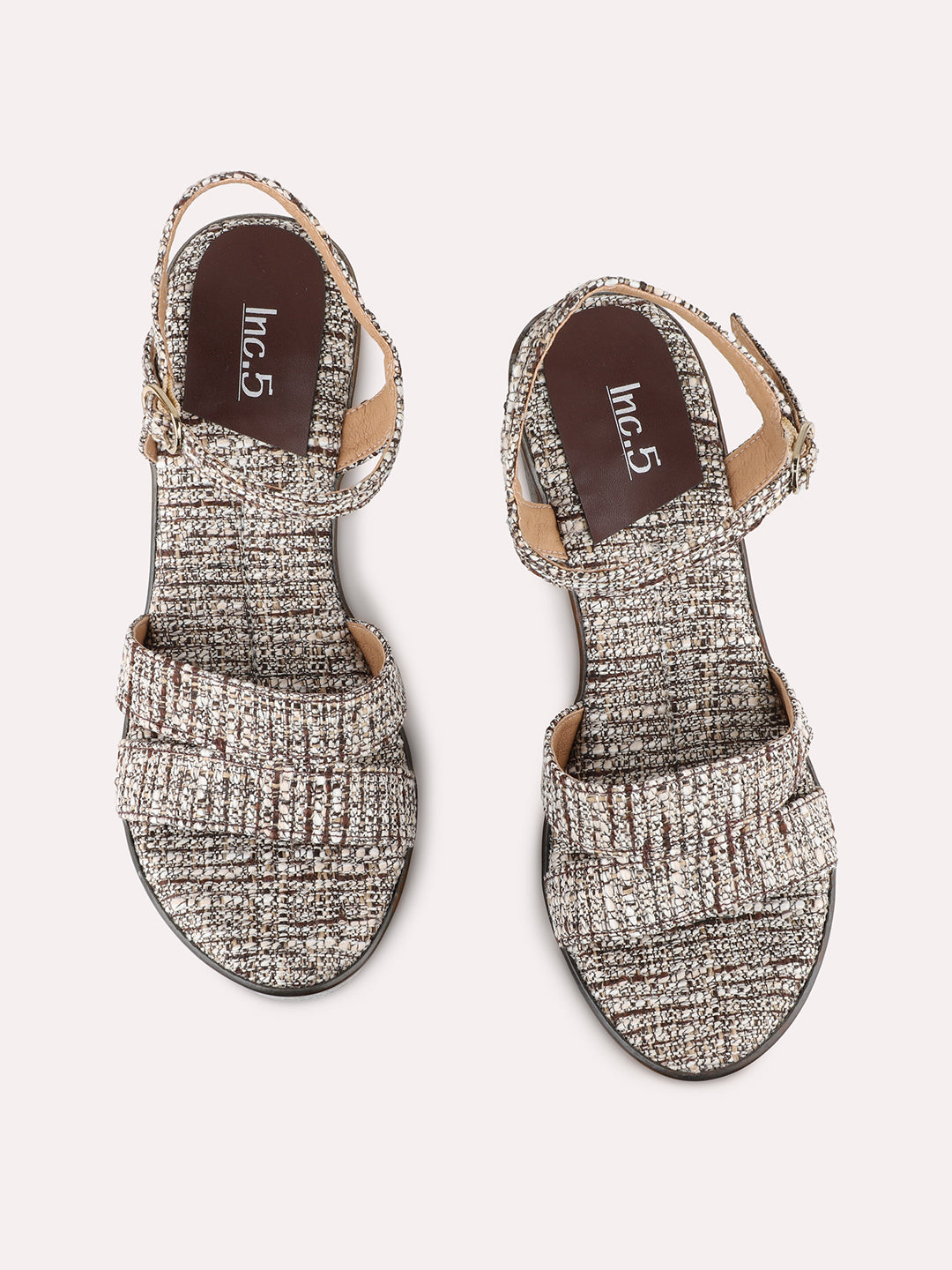 Womens Brown Party Wear Printed Round Toe Platform Heel Sandals