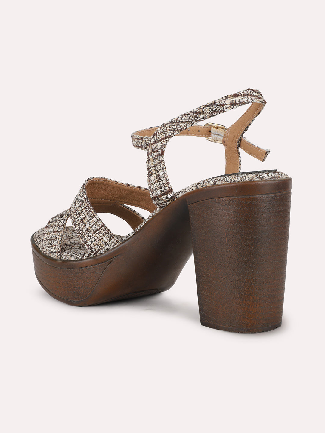 Womens Brown Party Wear Printed Round Toe Platform Heel Sandals