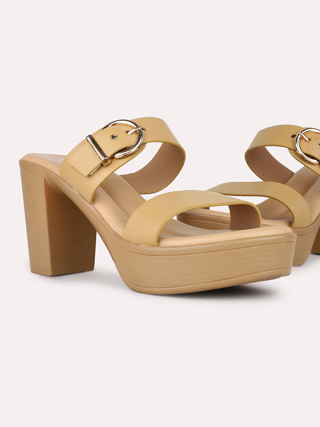 Womens Tan Party Wear Solid Round Toe Platform Heel Sandals