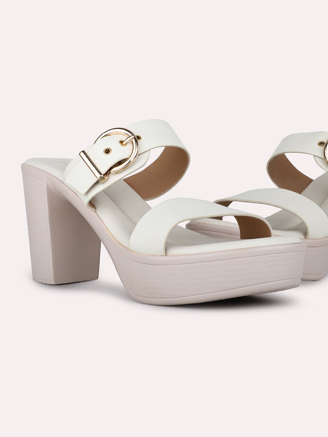 Womens Cream Party Wear Printed Round Toe Platform Heel Sandals