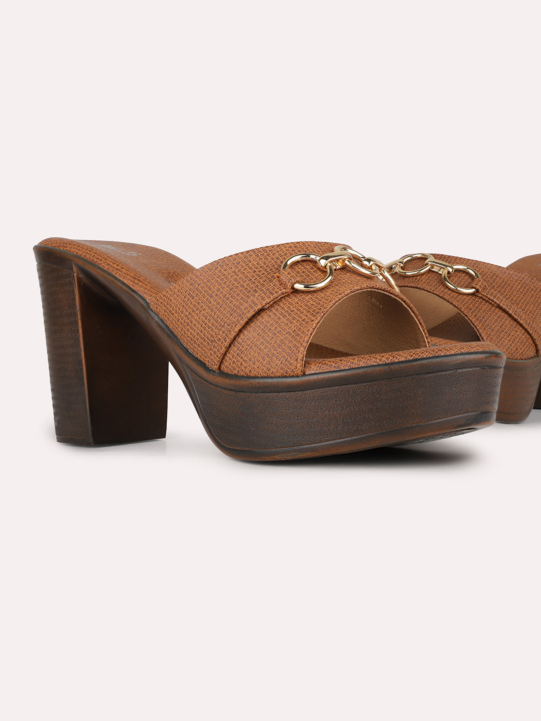 Women Brown Party Wear Solid Round Toe Block Heel Sandals