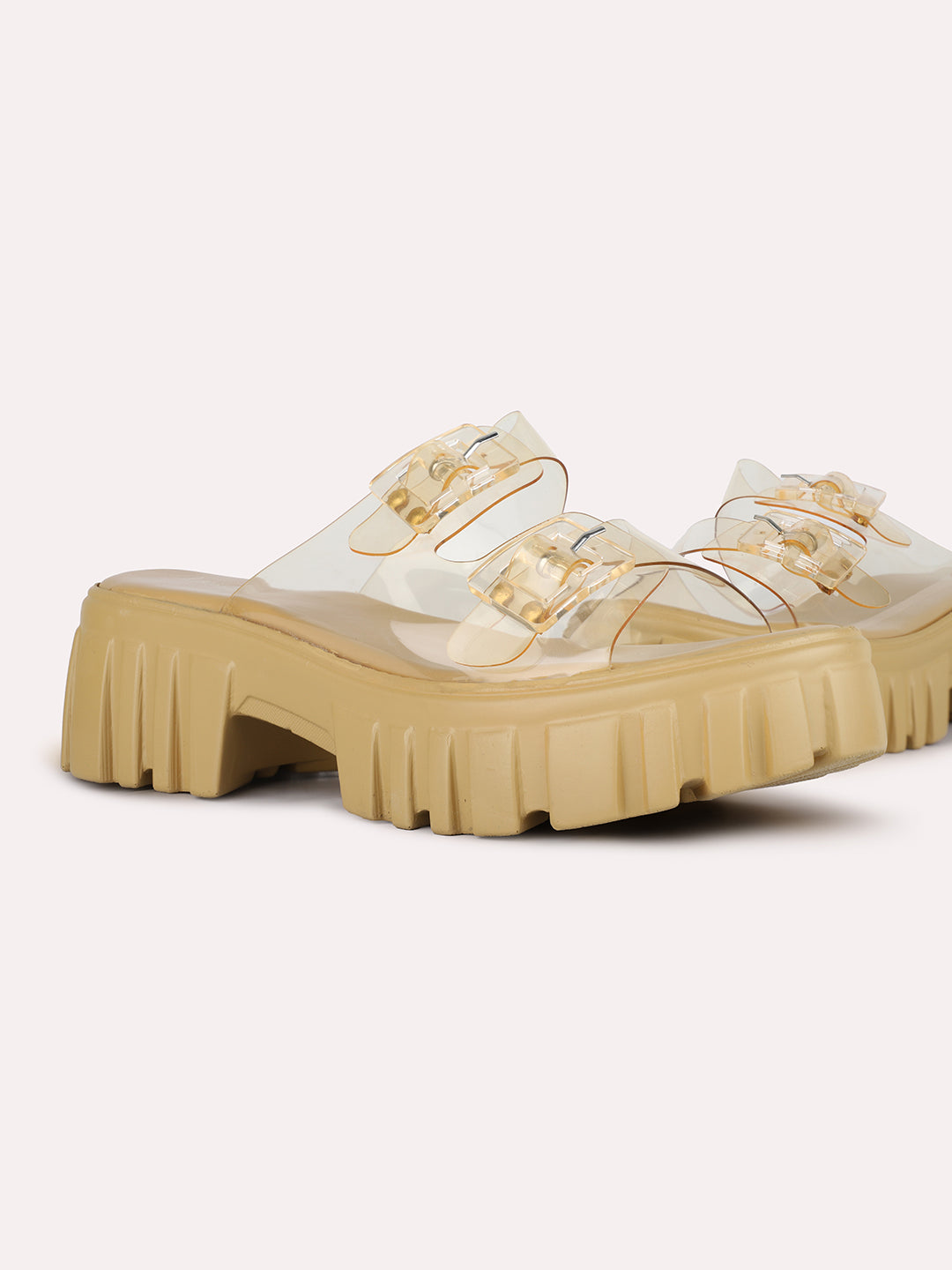 Women Beige Party Wear Transparent Round Toe Platform Heel Sandals