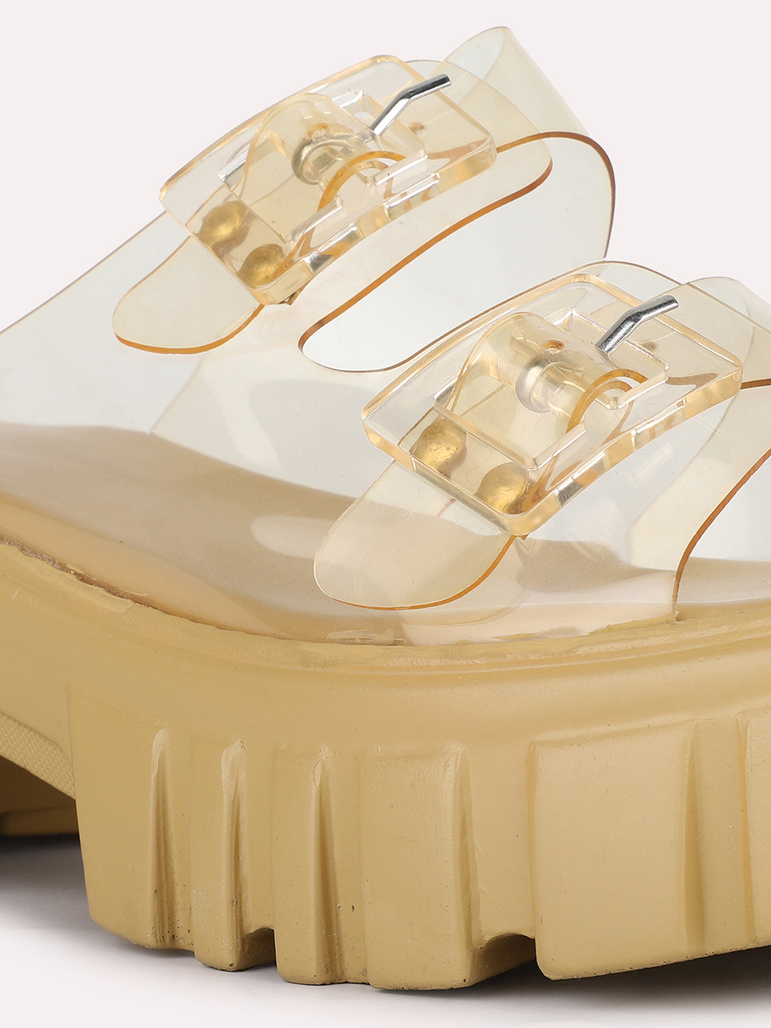 Women Beige Party Wear Transparent Round Toe Platform Heel Sandals