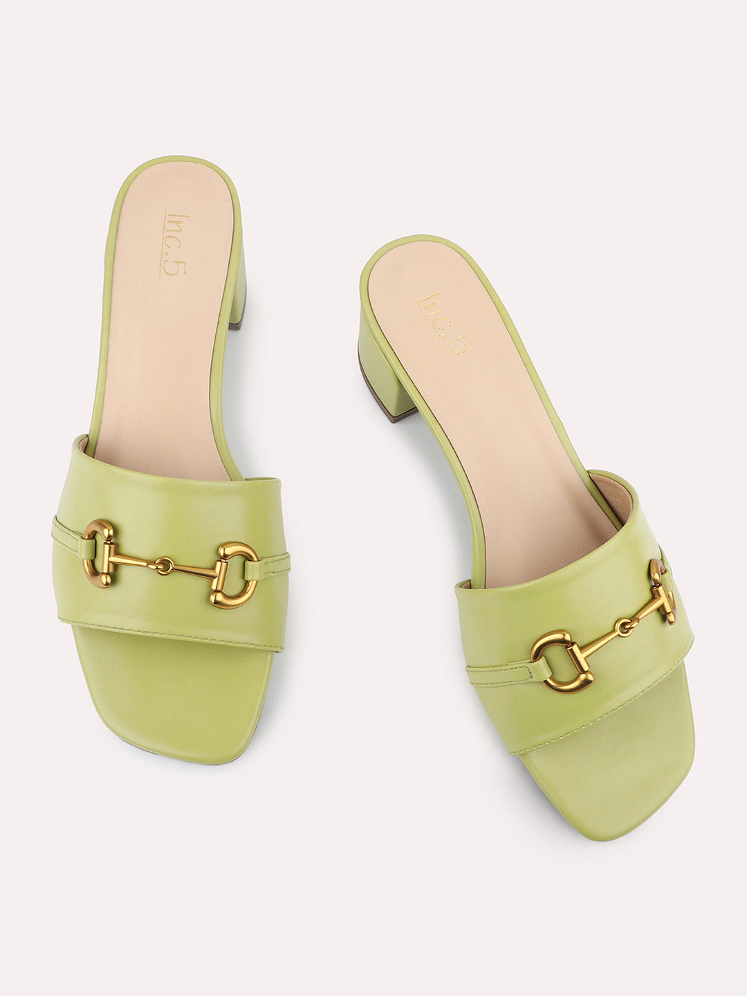 Women Green Open Toe Block Heels with Buckles