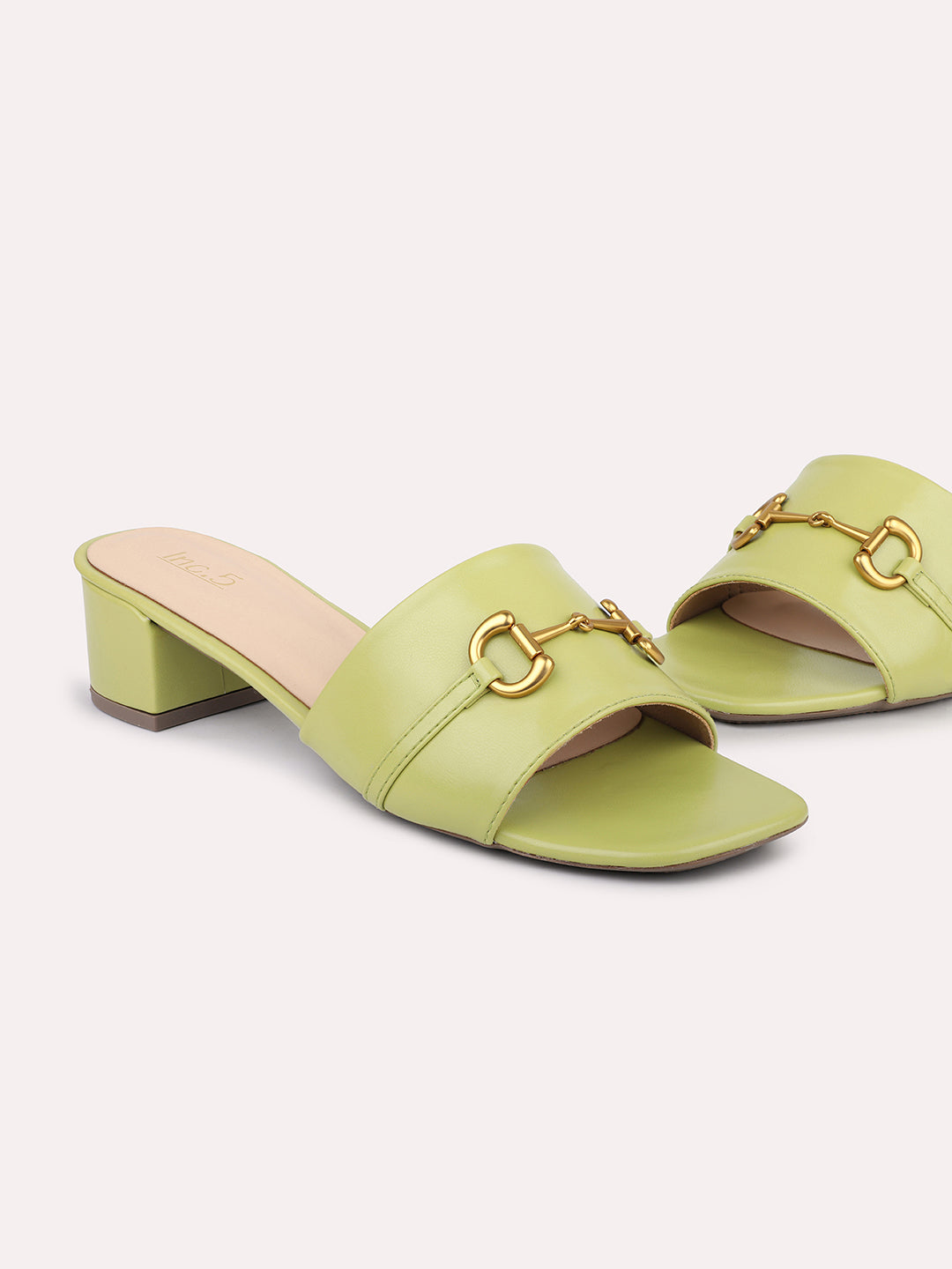 Women Green Open Toe Block Heels with Buckles