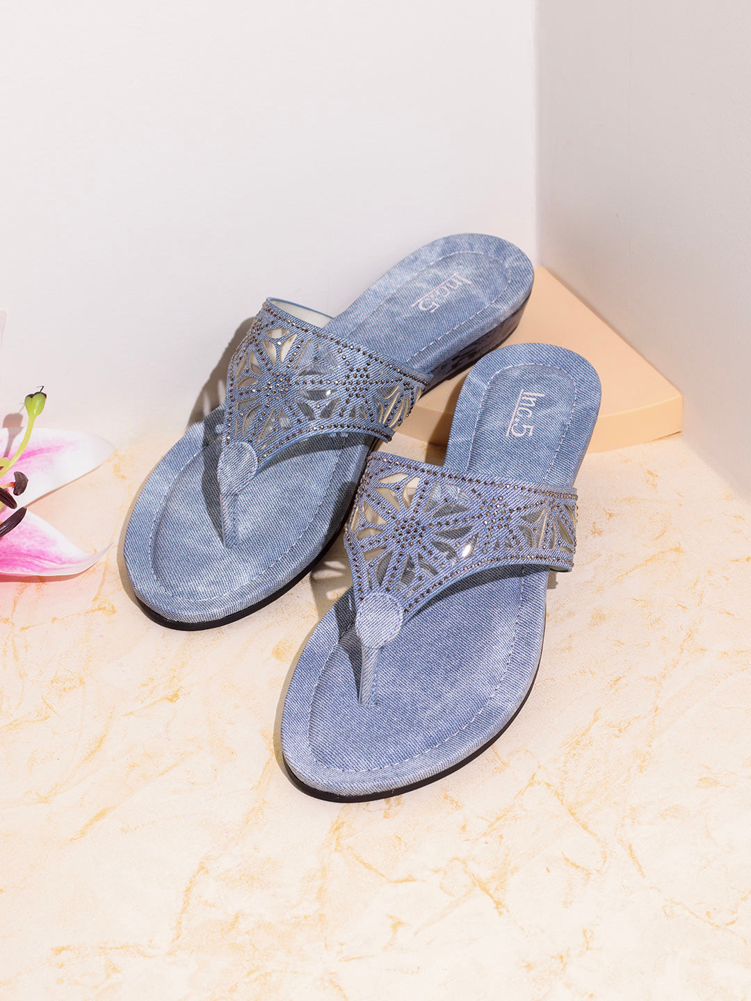 Womens Blue Party Wear Embellished T-Strap Slip-On Flat Sandals