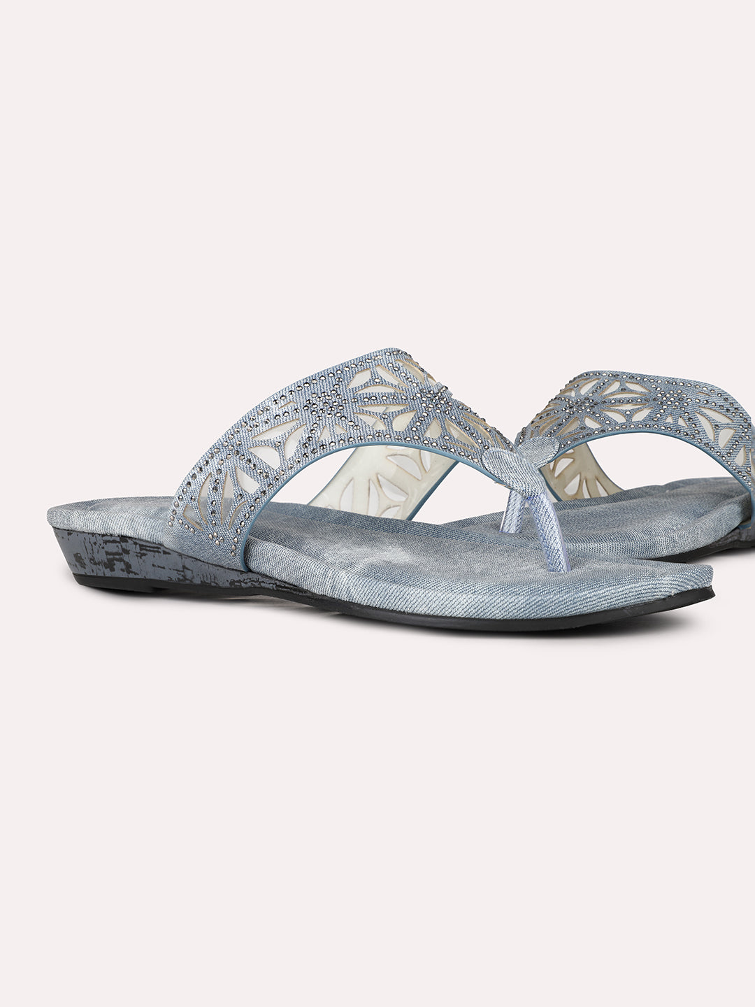 Womens Blue Party Wear Embellished T-Strap Slip-On Flat Sandals