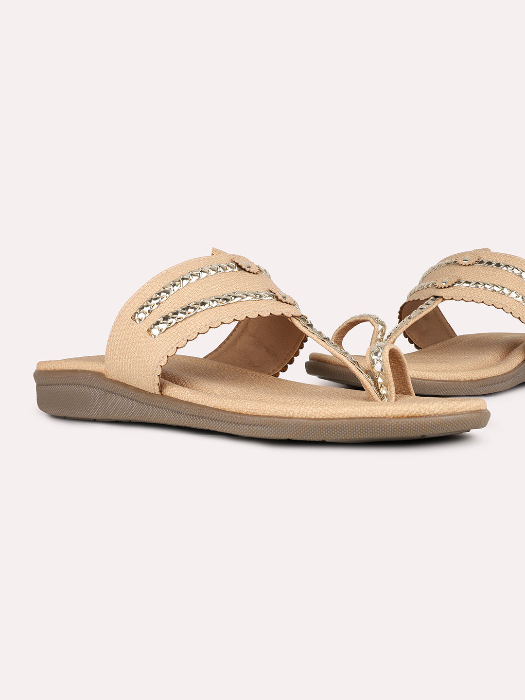 Women Beige Ethnic Solid One Toe Flats Slip-On Sandals