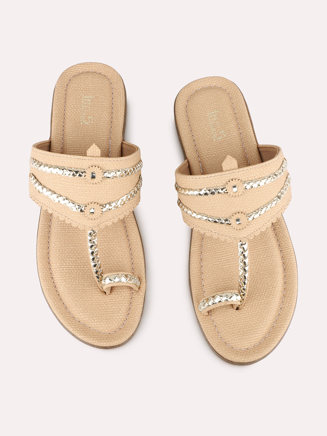 Women Beige Ethnic Solid One Toe Flats Slip-On Sandals