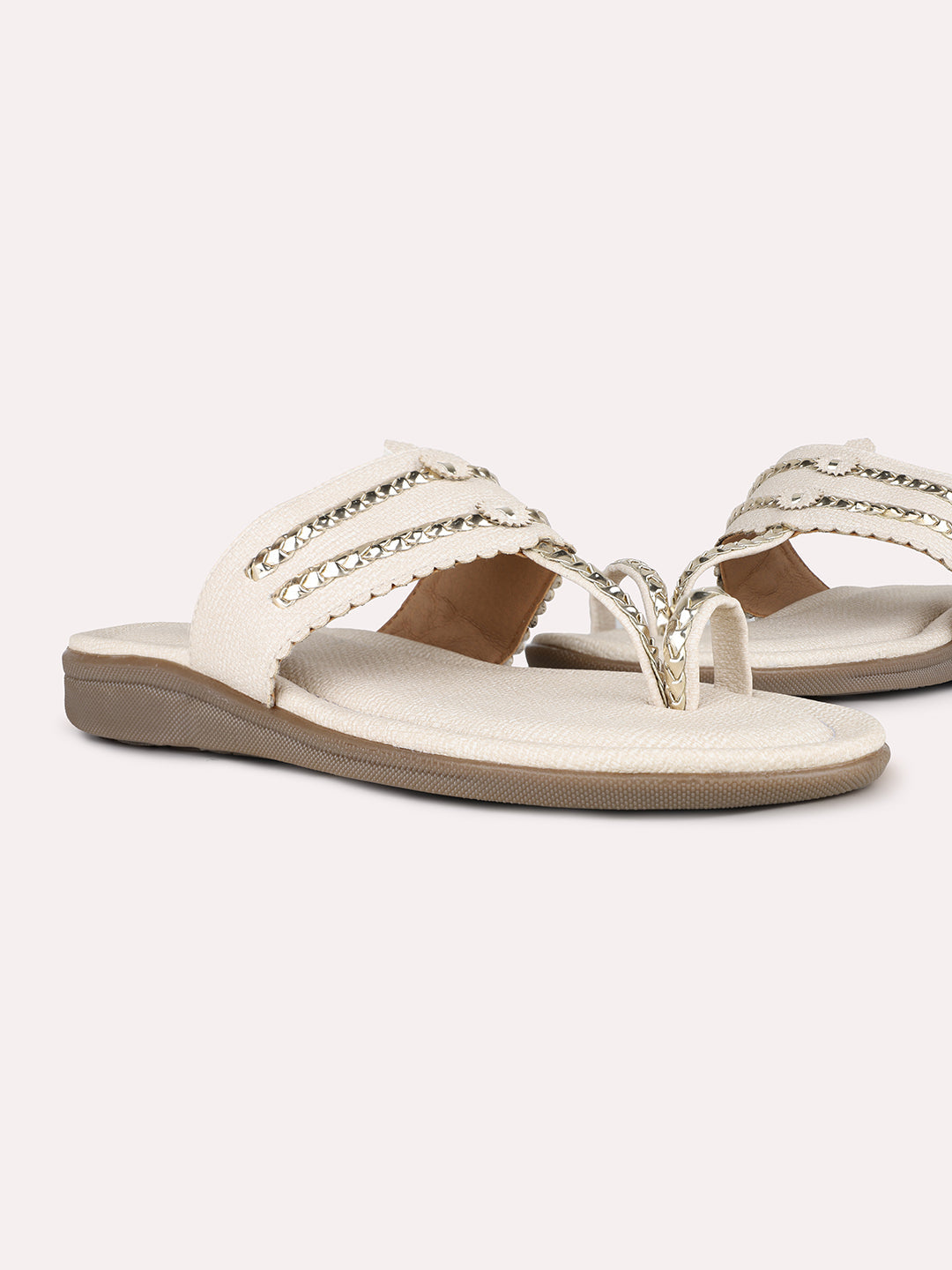 Women Cream Ethnic Solid One Toe Flats Slip-On Sandals
