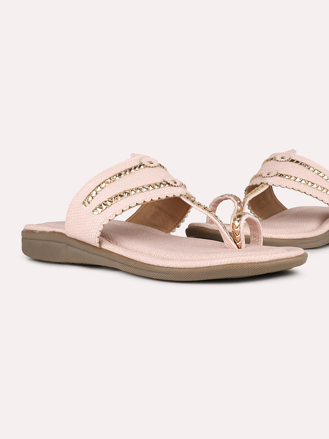 Women Peach Ethnic Solid One Toe Flats Slip-On Sandals