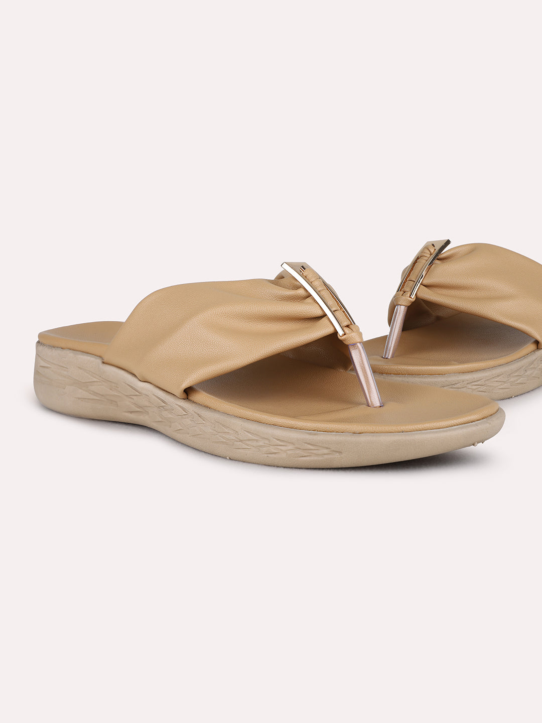 Womens Beige Casual Solid Round Toe Flat Sandals