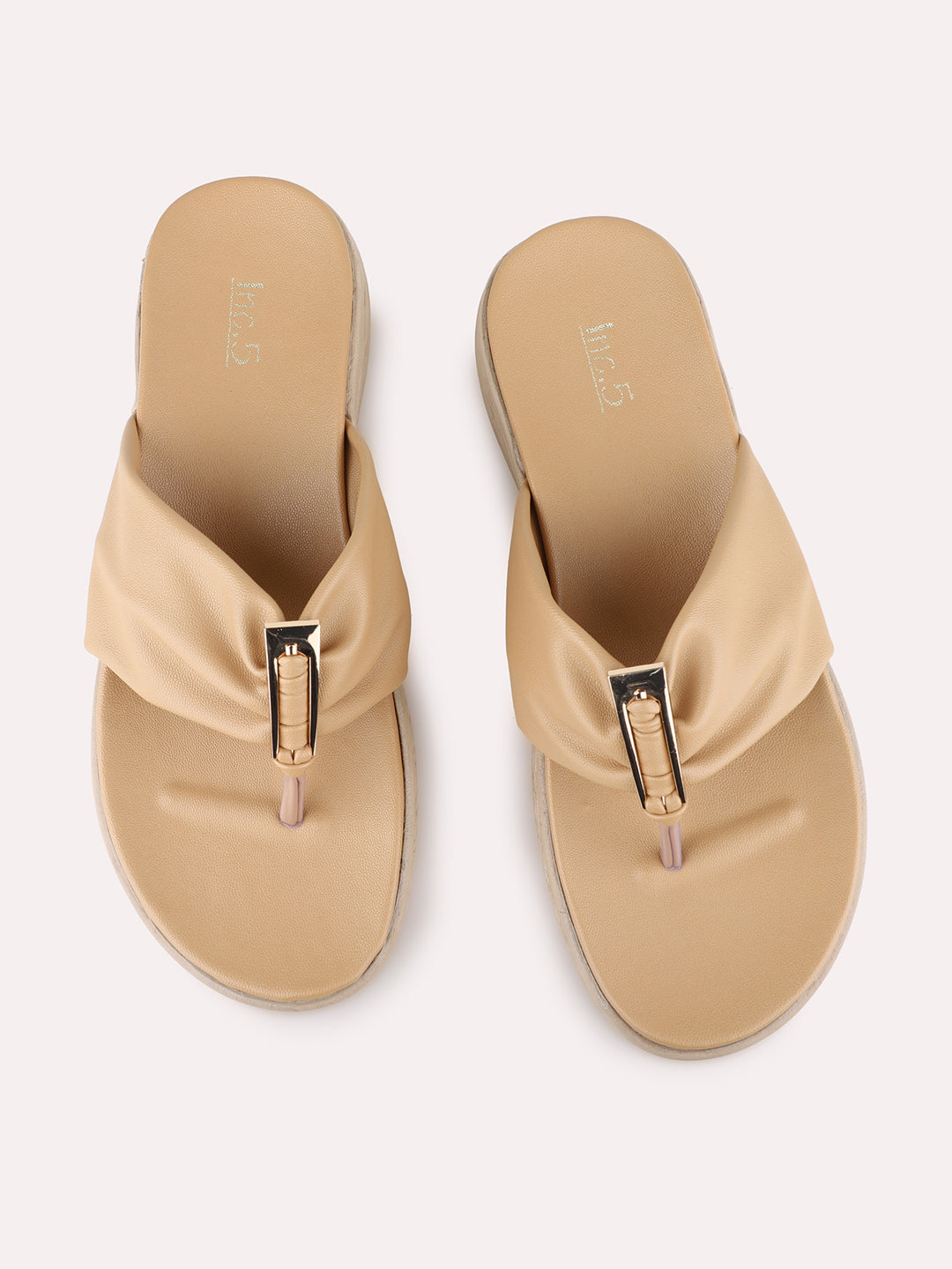 Womens Beige Casual Solid Round Toe Flat Sandals