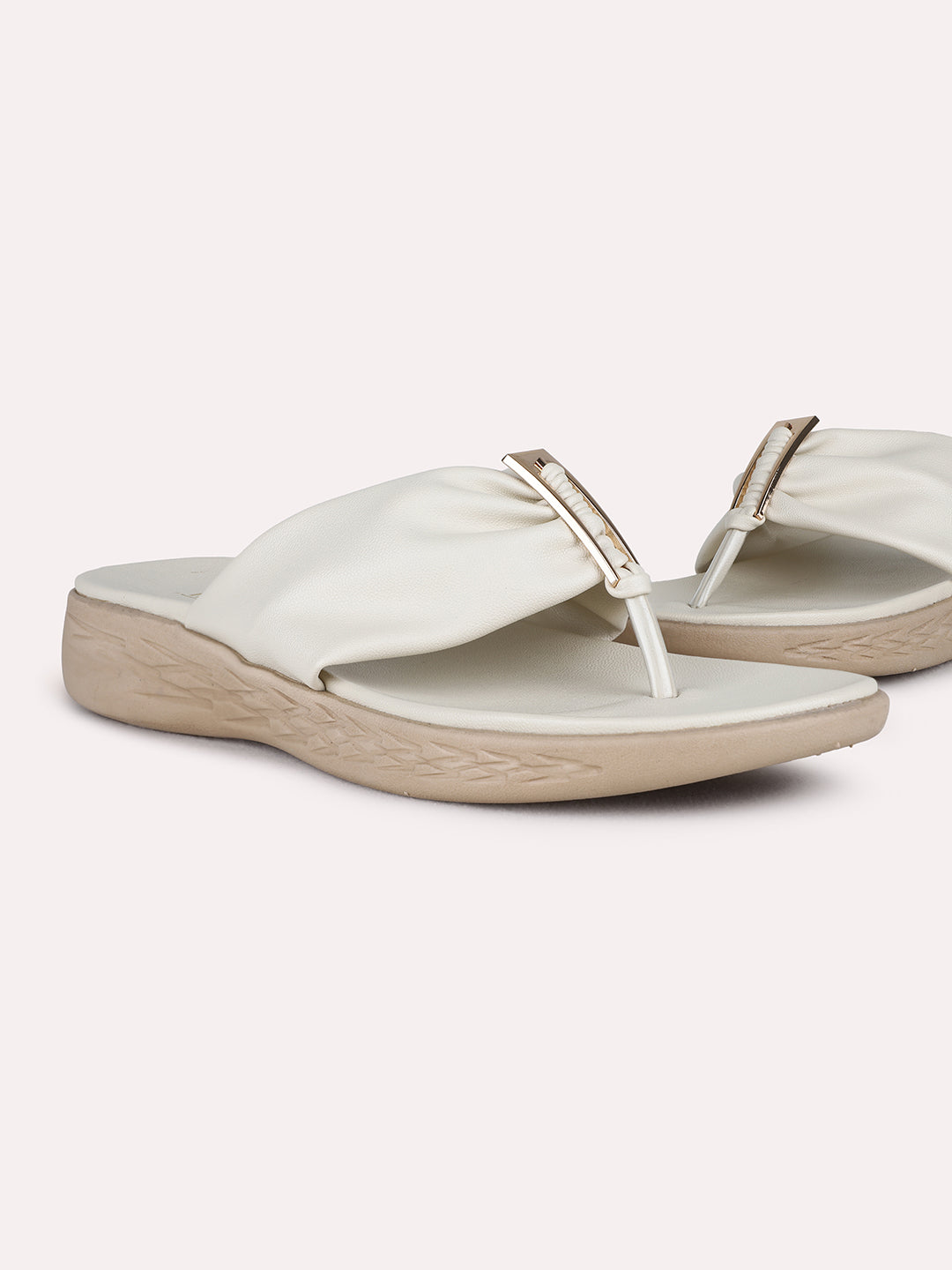 Womens Cream Casual Solid Round Toe Flat Sandals