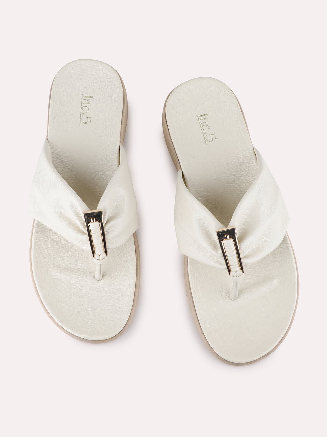 Womens Cream Casual Solid Round Toe Flat Sandals