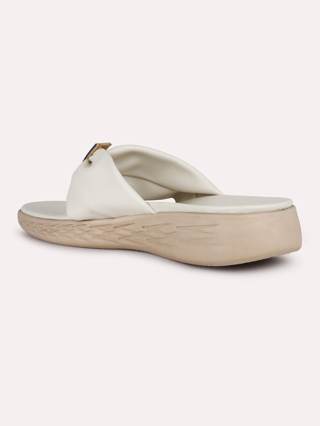 Womens Cream Casual Solid Round Toe Flat Sandals