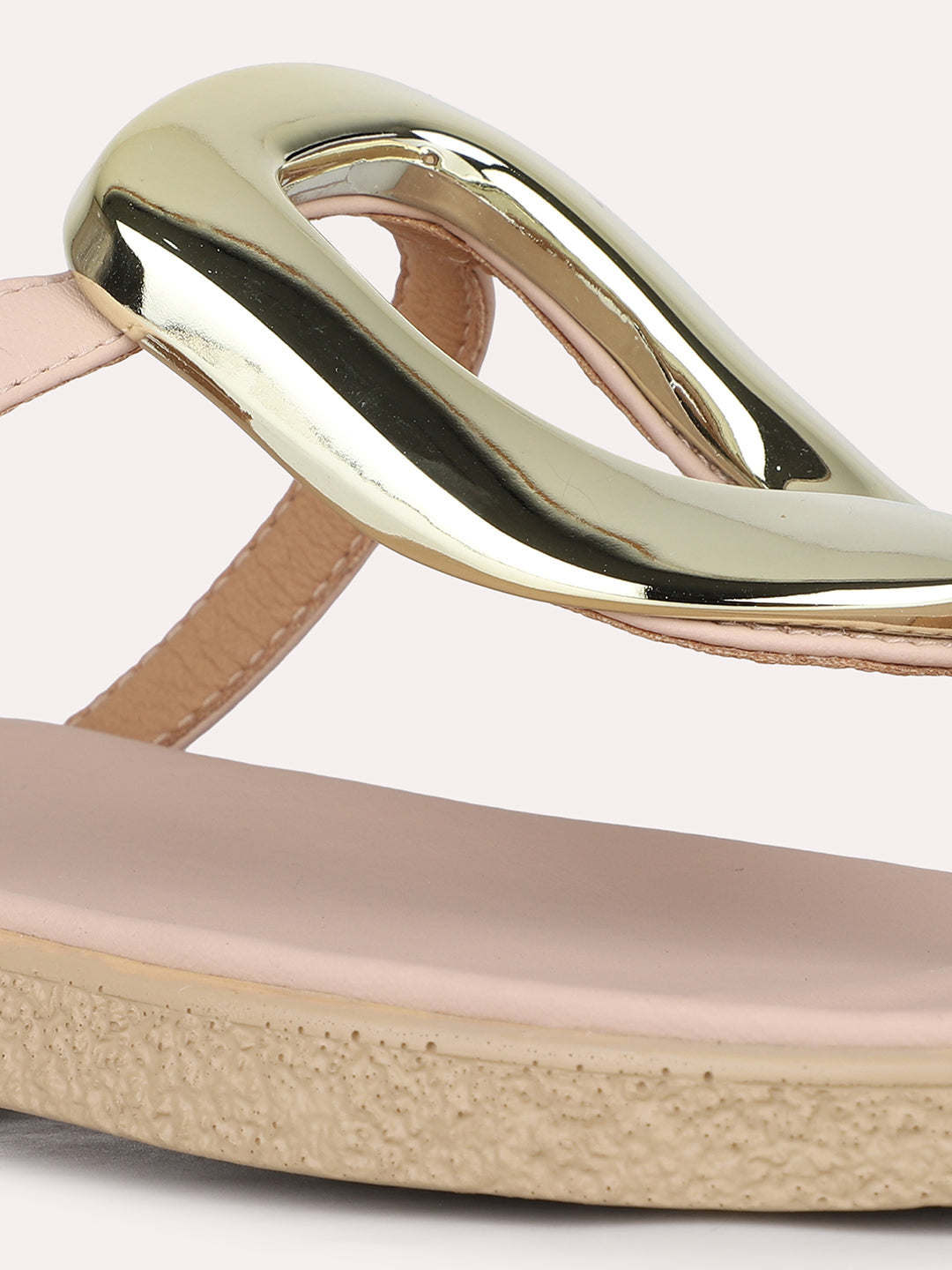 Womens Peach Casual Solid T-Strap Slip-On Flat Sandals