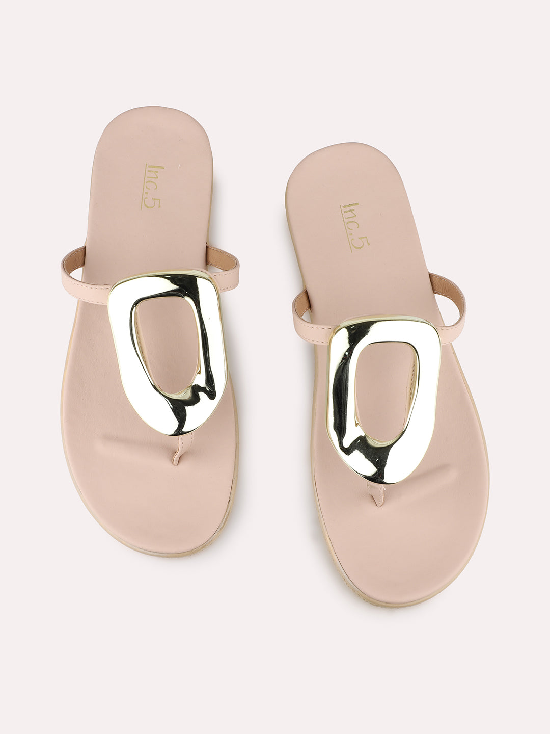 Womens Peach Casual Solid T-Strap Slip-On Flat Sandals