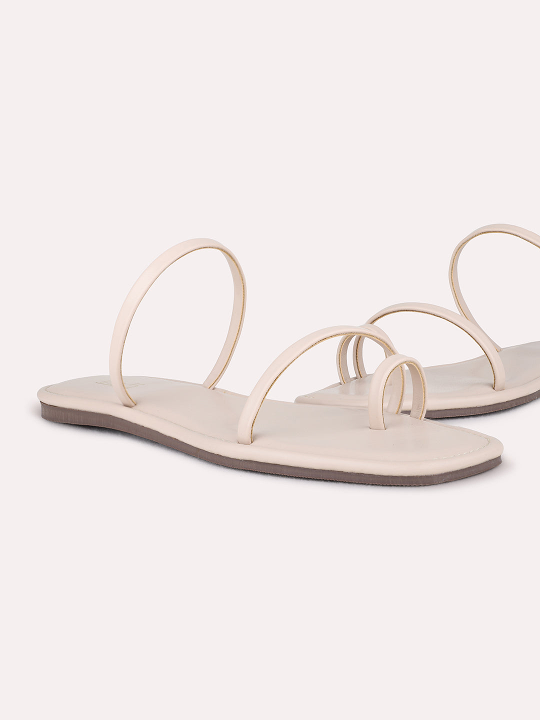 Womens Beige Casual Striped One Toe Flat Sandals