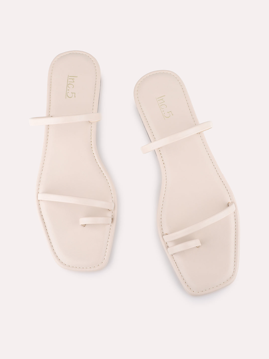 Womens Beige Casual Striped One Toe Flat Sandals