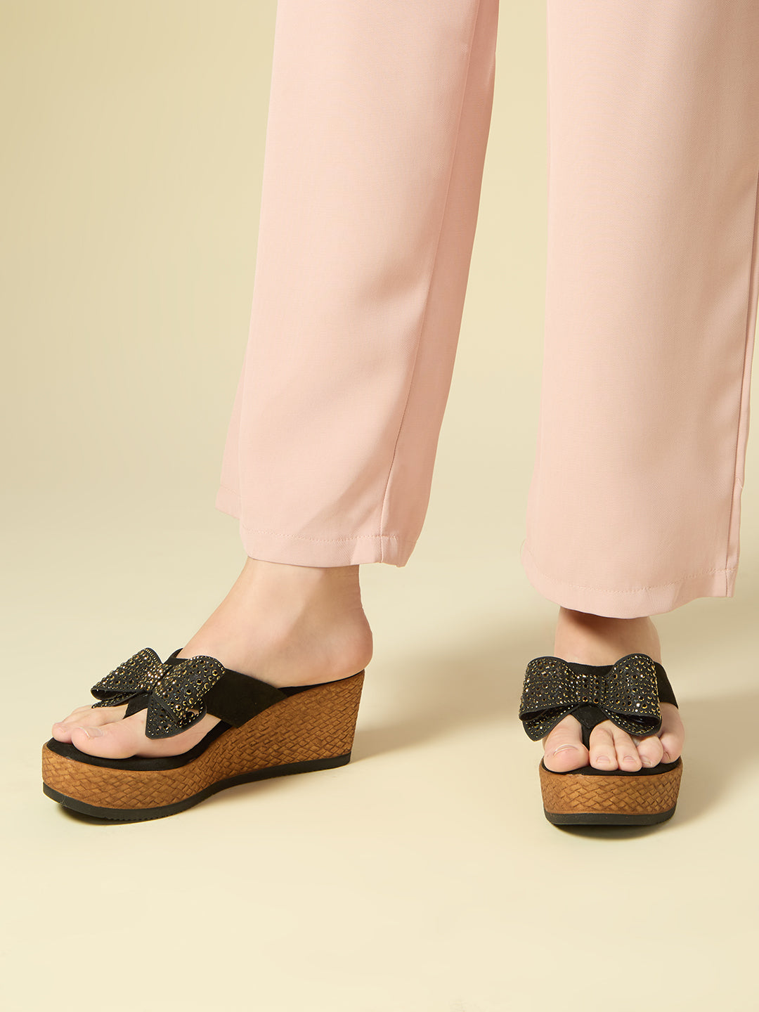 Women Black Ethnic Solid Round Toe Wedge Heel Sandals