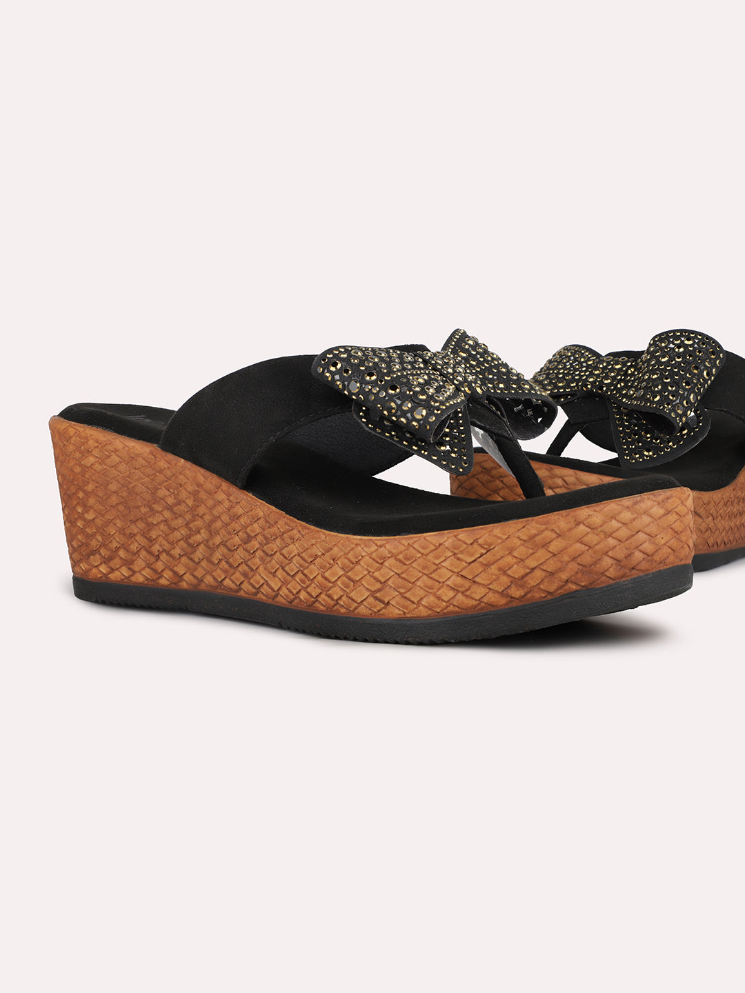 Women Black Ethnic Solid Round Toe Wedge Heel Sandals