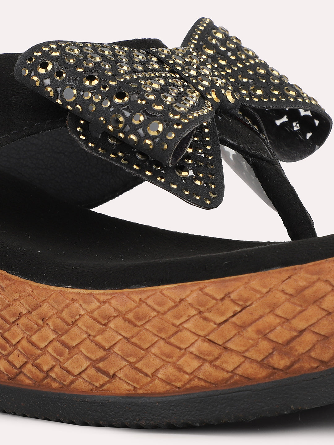 Women Black Ethnic Solid Round Toe Wedge Heel Sandals