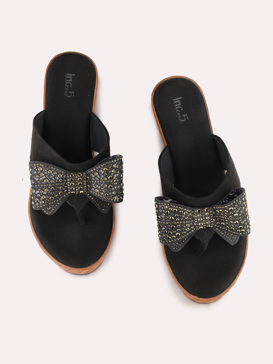 Women Black Ethnic Solid Round Toe Wedge Heel Sandals