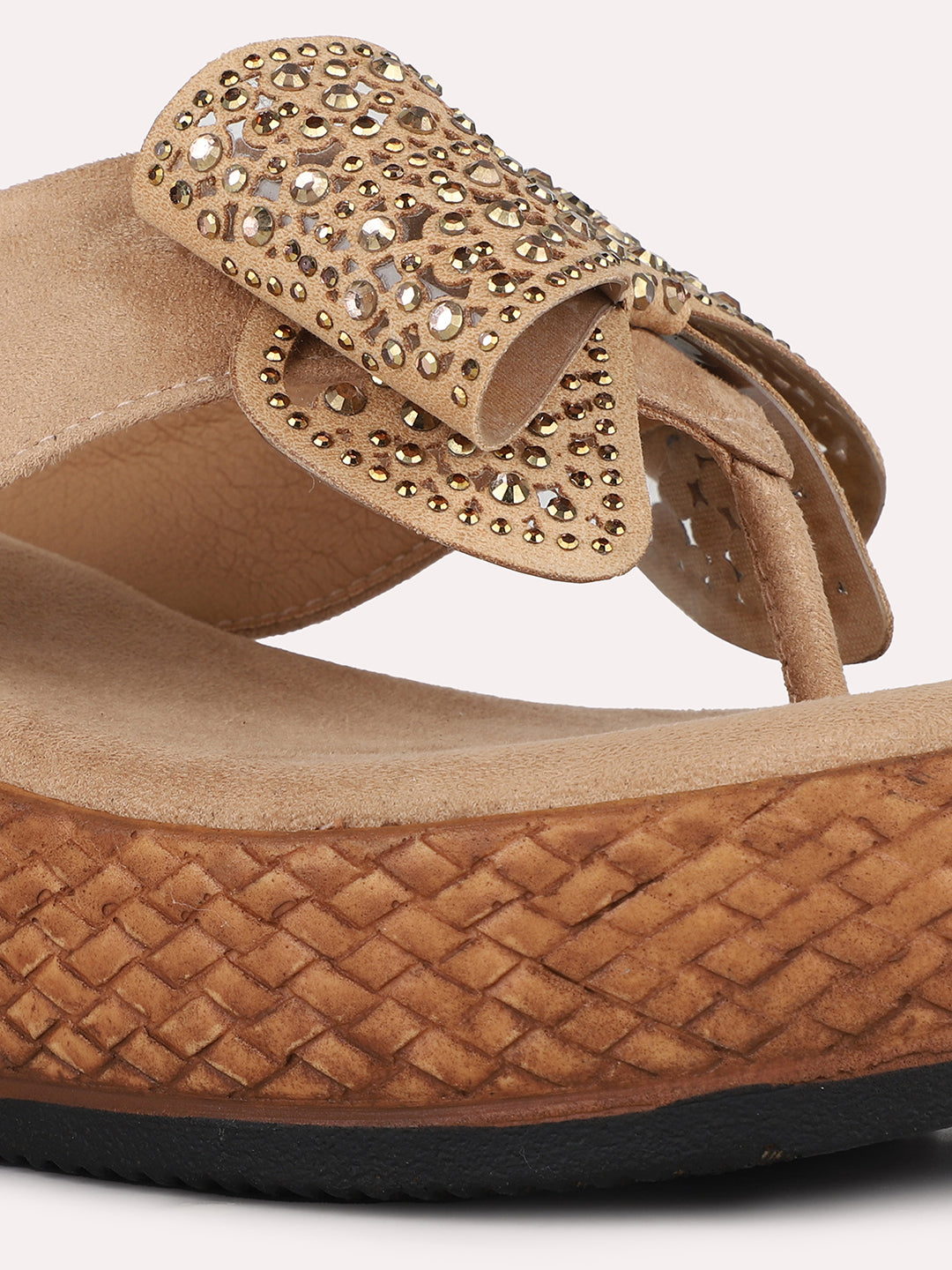 Women Tan Ethnic Solid Round Toe Wedge Heel Sandals