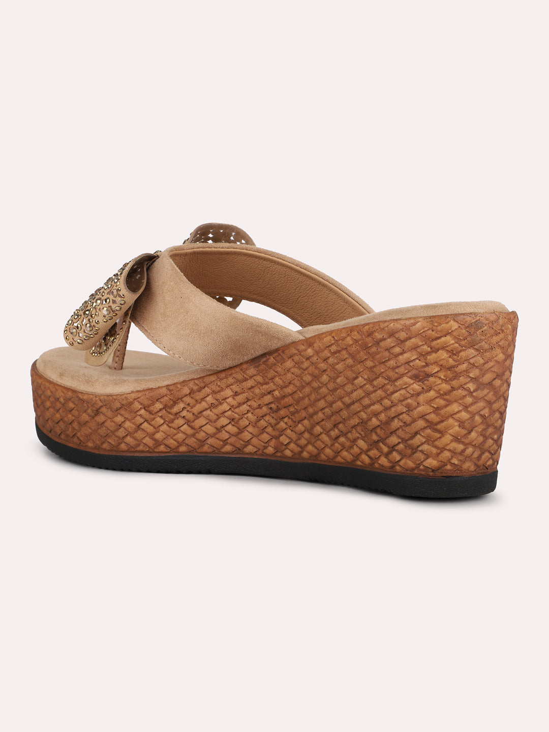 Women Tan Ethnic Solid Round Toe Wedge Heel Sandals