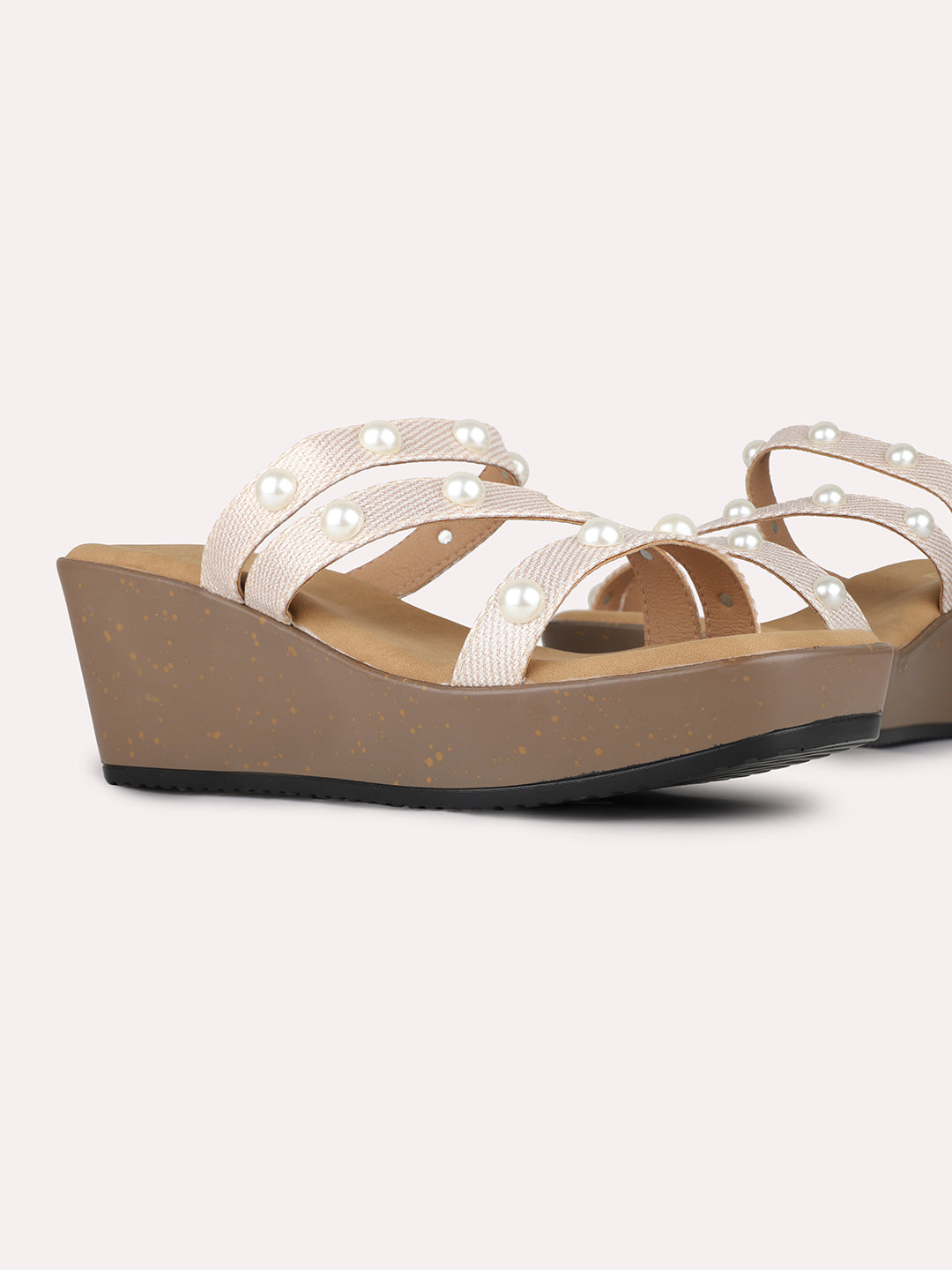 Women Rose Gold Party Wear Embellished Round Toe Wedge Heels